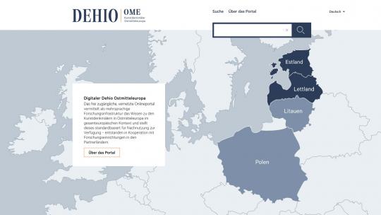 Startseite des Portals Dehio OME mit einer Karte des Baltikums